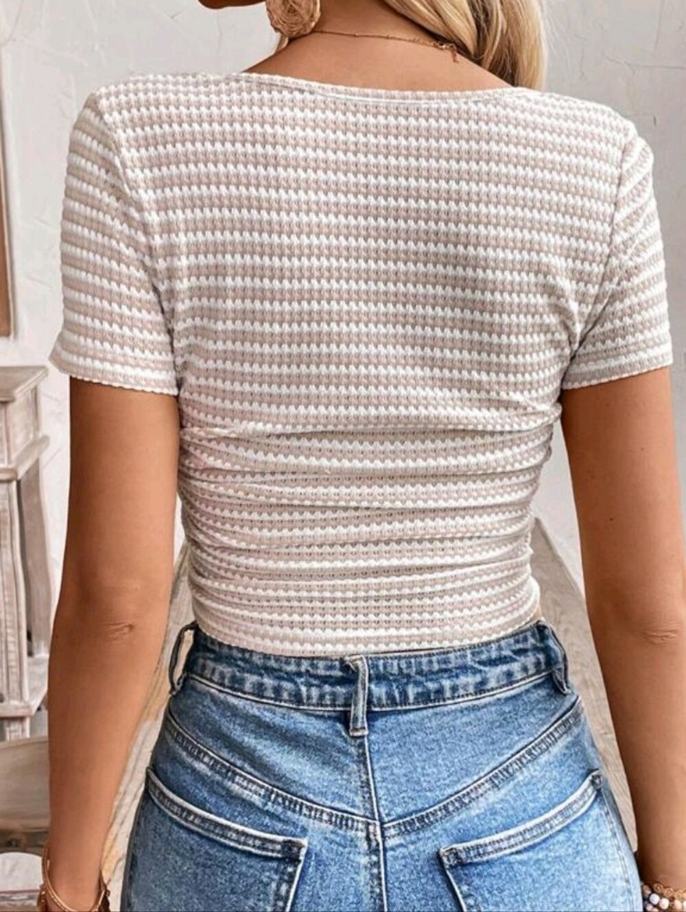 SHEIN Women's Beige & White Striped Scoop Neck Short Sleeve Top Size Small - Picture 2 of 8